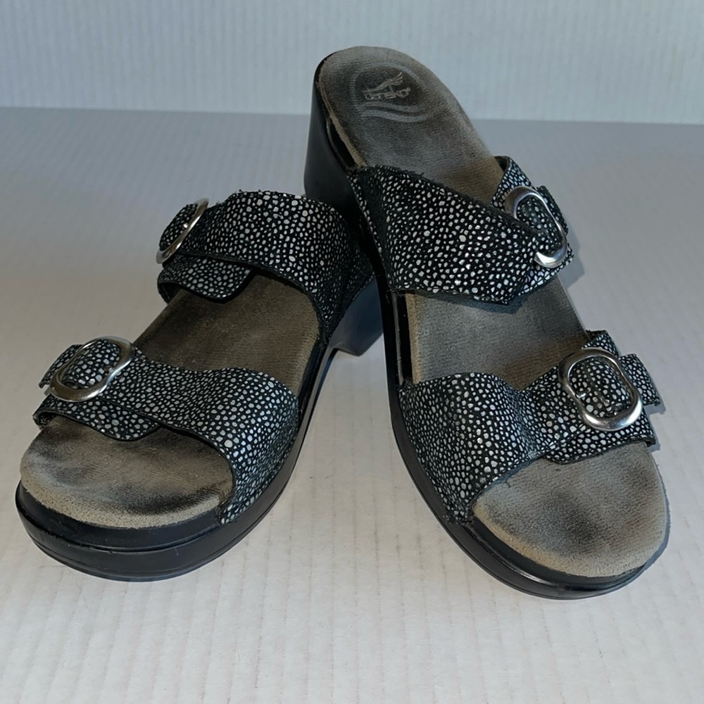 Dansko Sophie Black Iridescent Dotted Two Strap Heeled Sandals